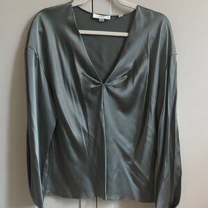 Vince 100% Silk Blouse - Mossy Green/Gray- L